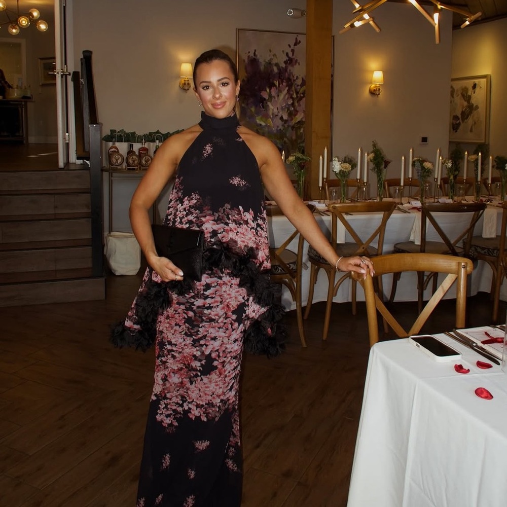 Elliatt Black Gown with Pink Floral Print and Feather Trim - Picture 3 of 7